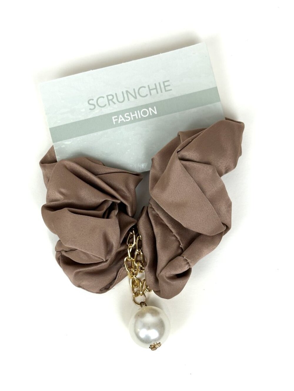 Taupe / brown satin hair scrunchie with a gold chain and hanging pearl charm New